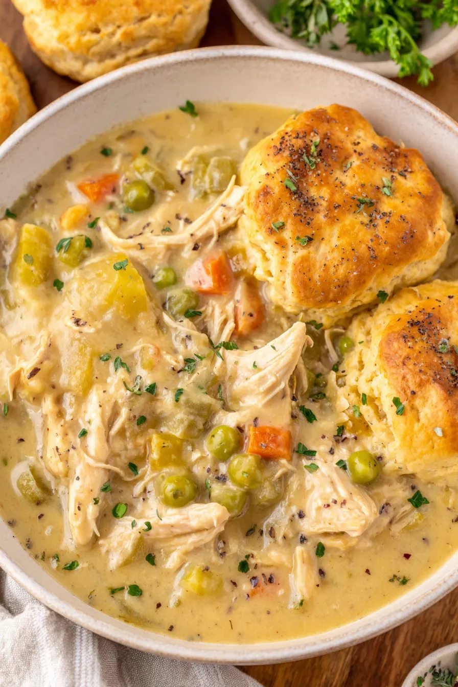 Slow cooker filled with creamy chicken and vegetables