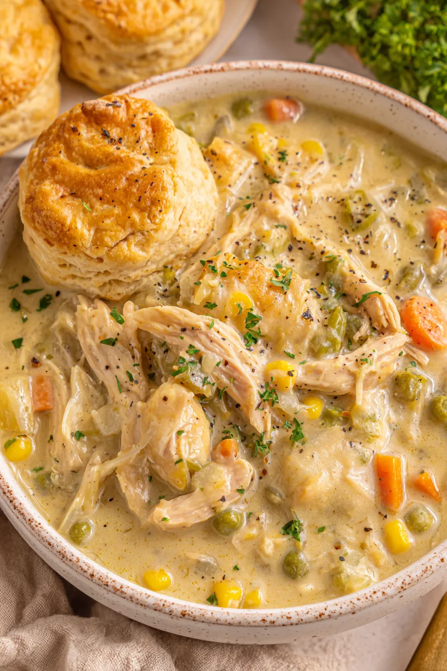 Golden-brown biscuits beside a bowl of chicken pot pie filling
