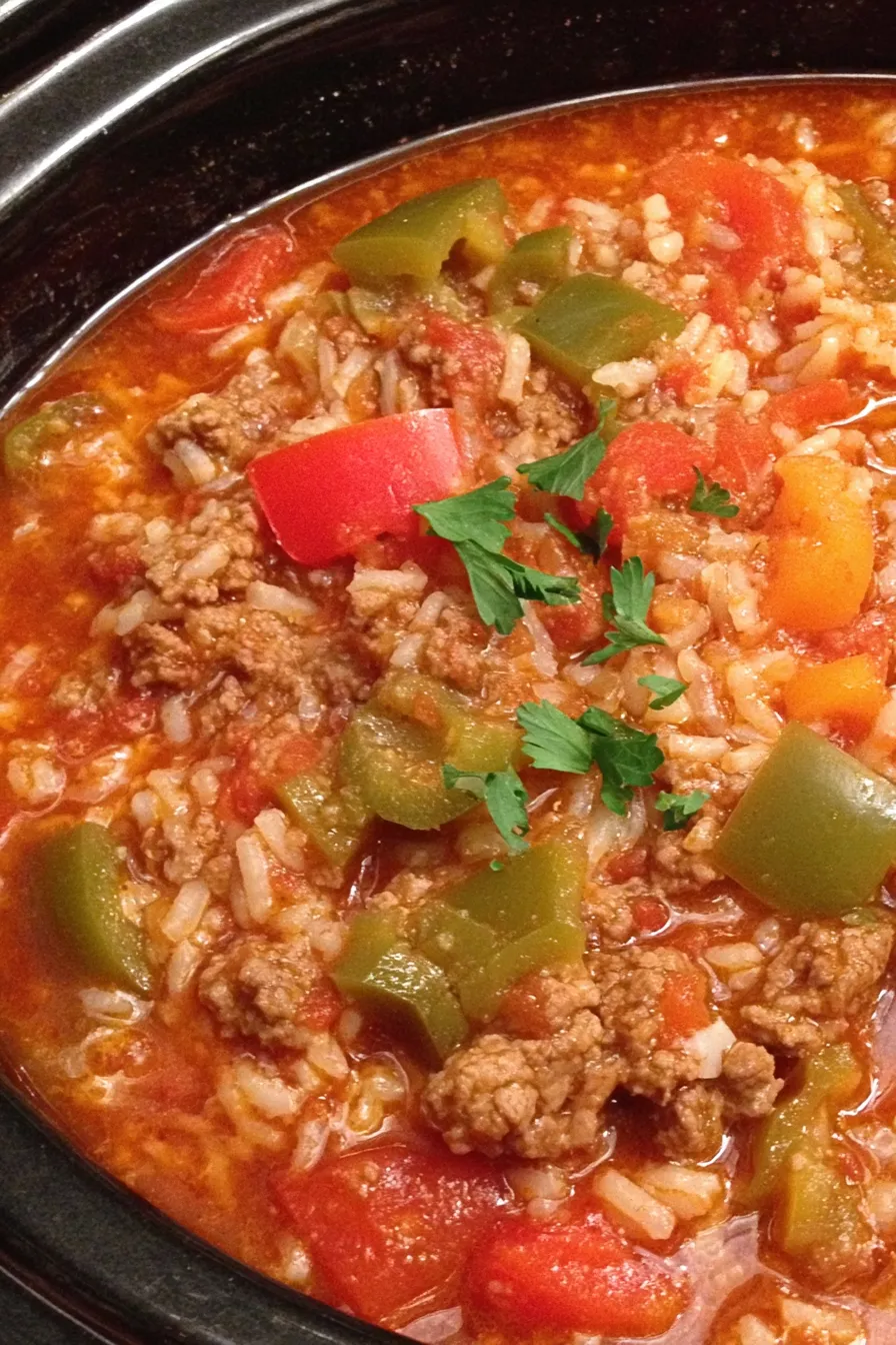 Bowl of stuffed pepper soup with garnish