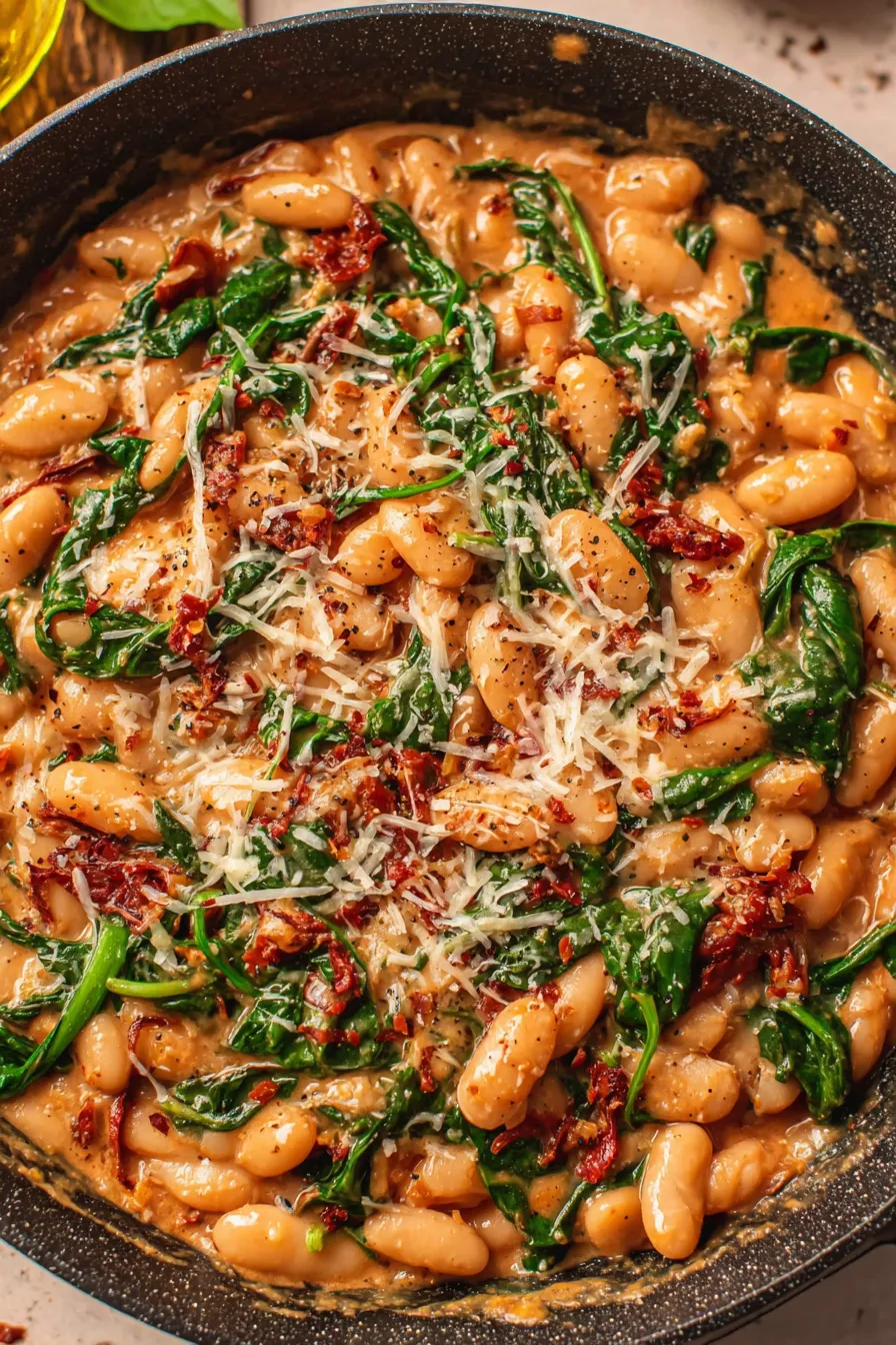 Skillet of creamy butter beans with spinach and sun-dried tomatoes