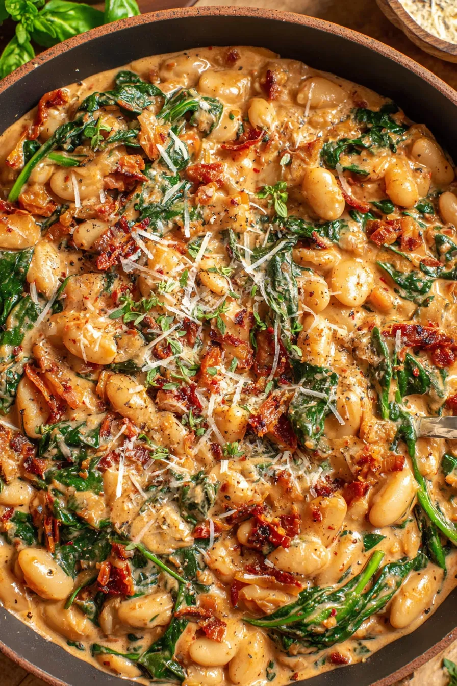 Close-up of creamy beans and grated Parmesan