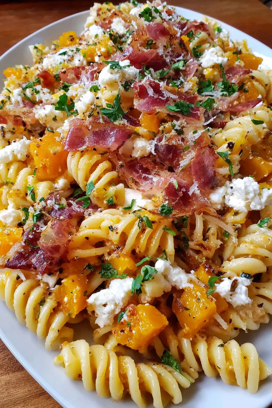 Roasted pumpkin cubes and pasta tossed together