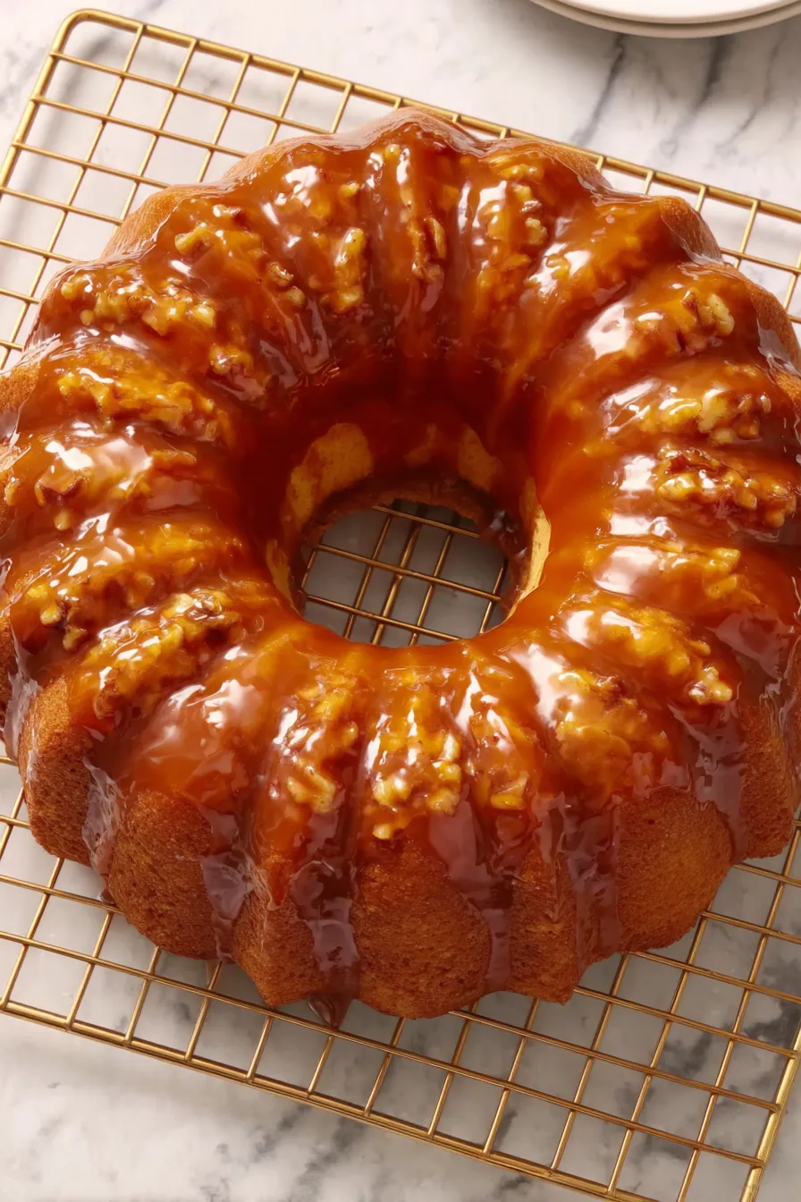 Slice of apple cake with caramel drizzle