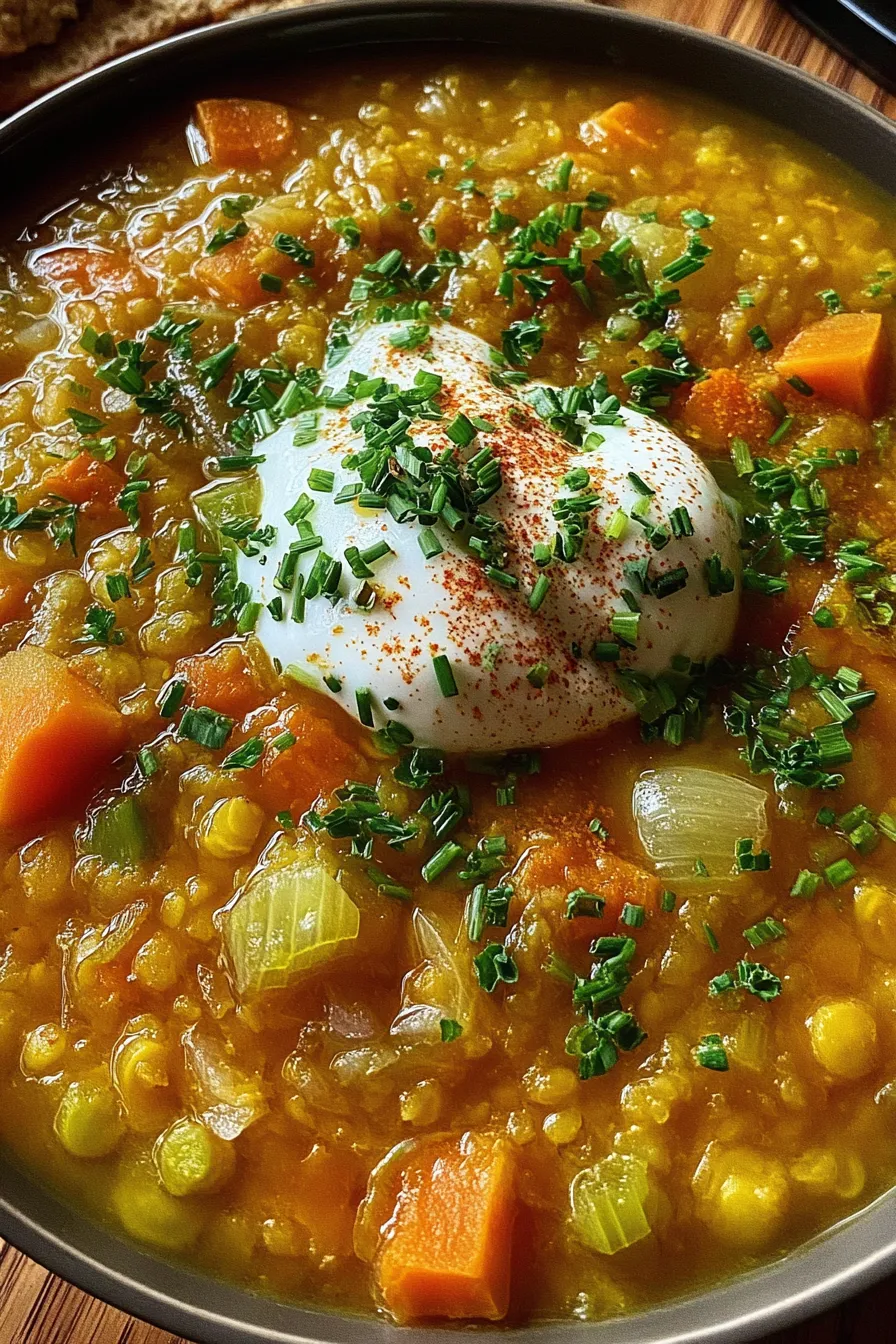 Steaming bowl of split pea soup with herb garnish