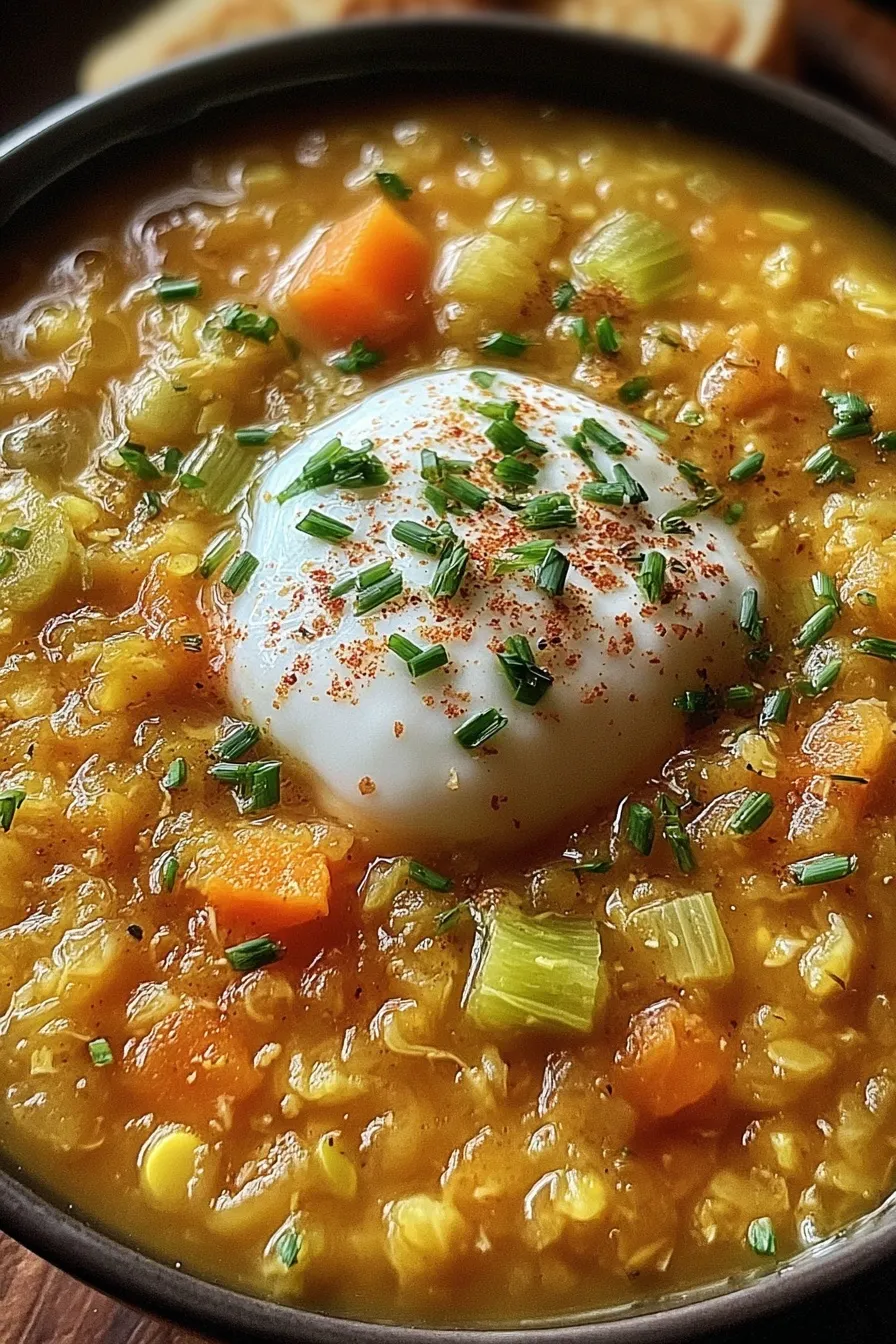 Close-up of creamy pea soup with sour cream swirl and chives