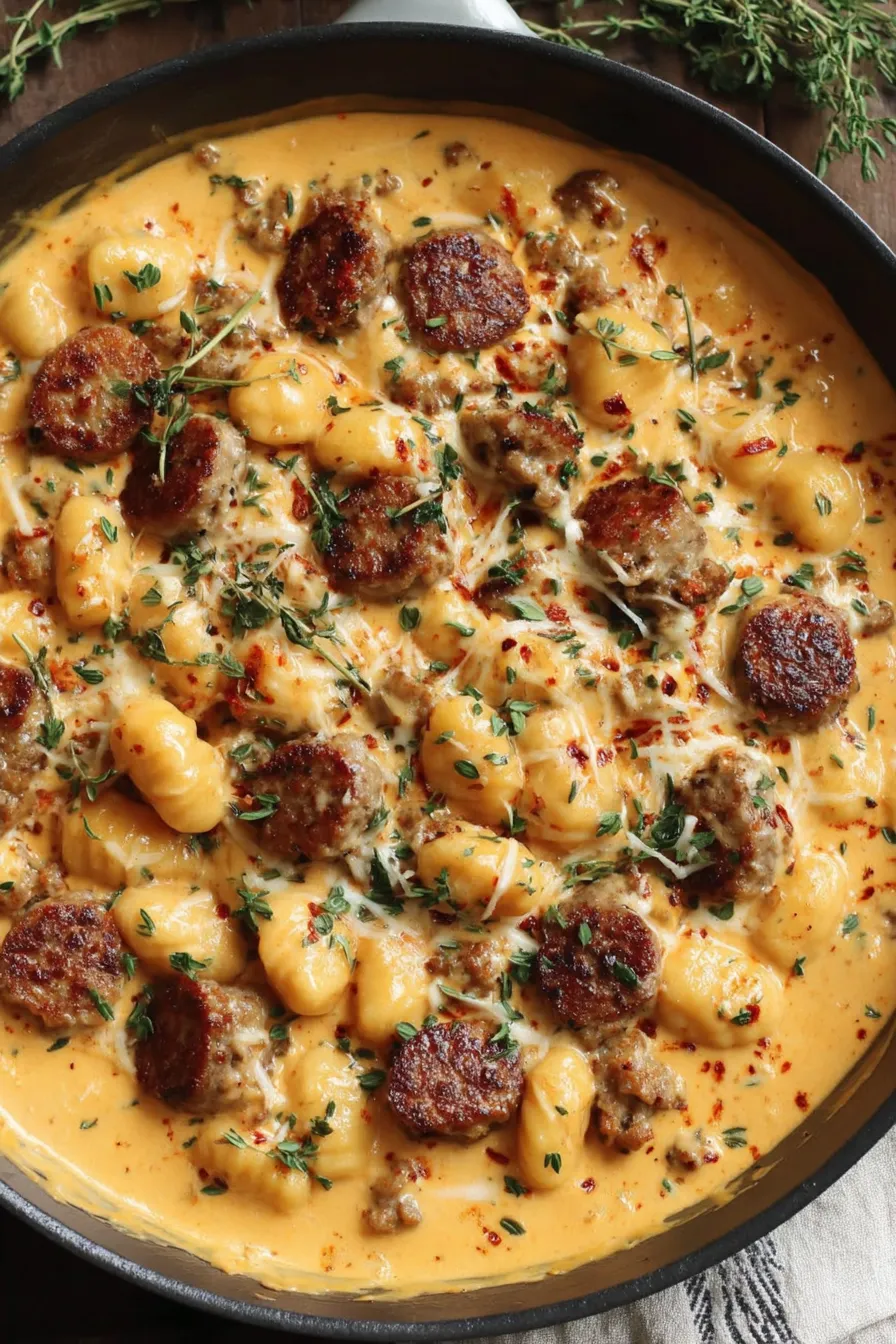 Creamy butternut squash gnocchi in skillet with sausage and herbs