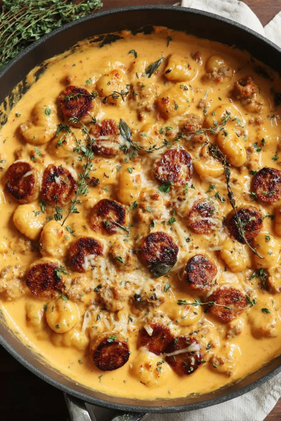 Close-up of plated gnocchi with sausage and fresh herbs