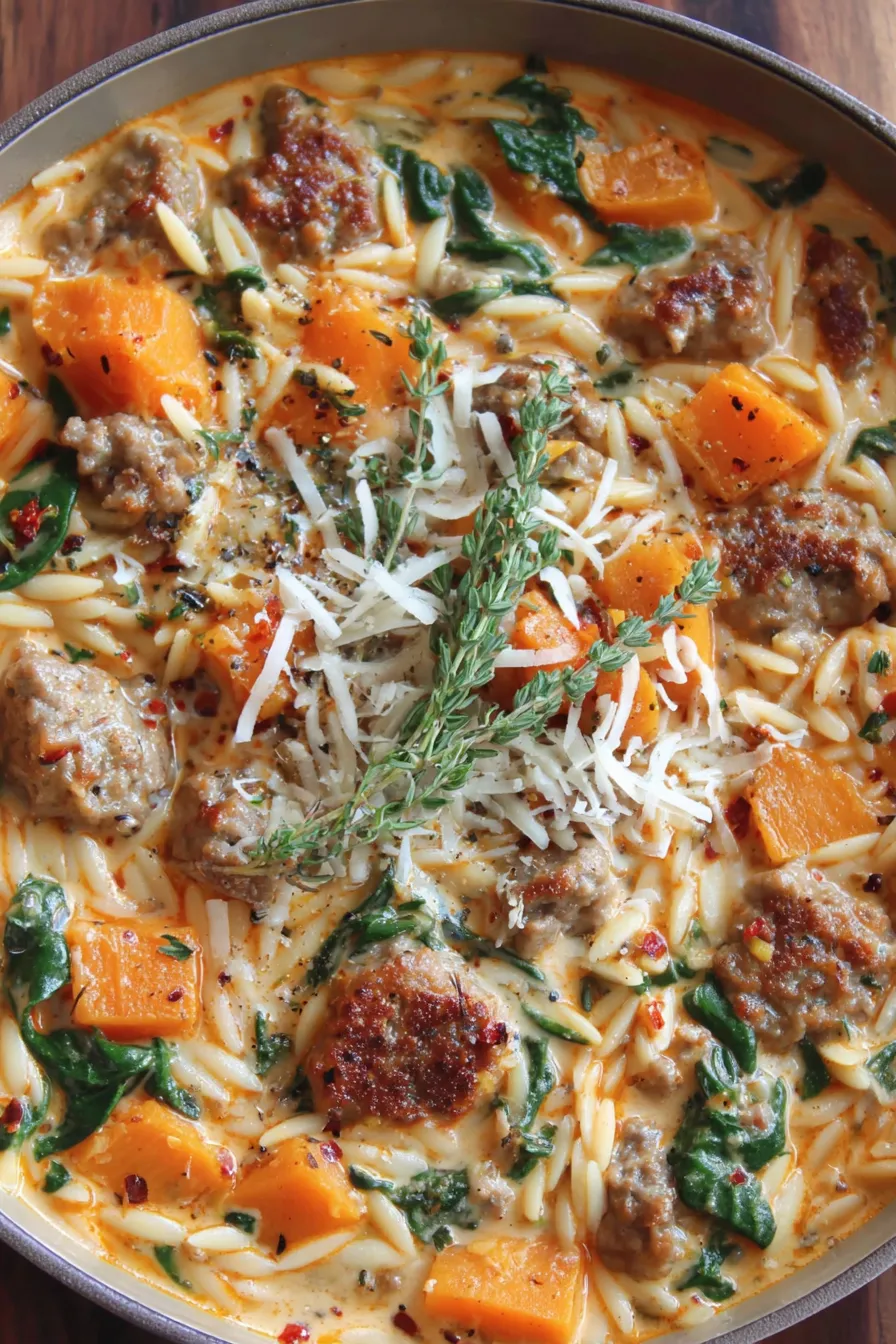 Sausage and butternut squash simmering in pot