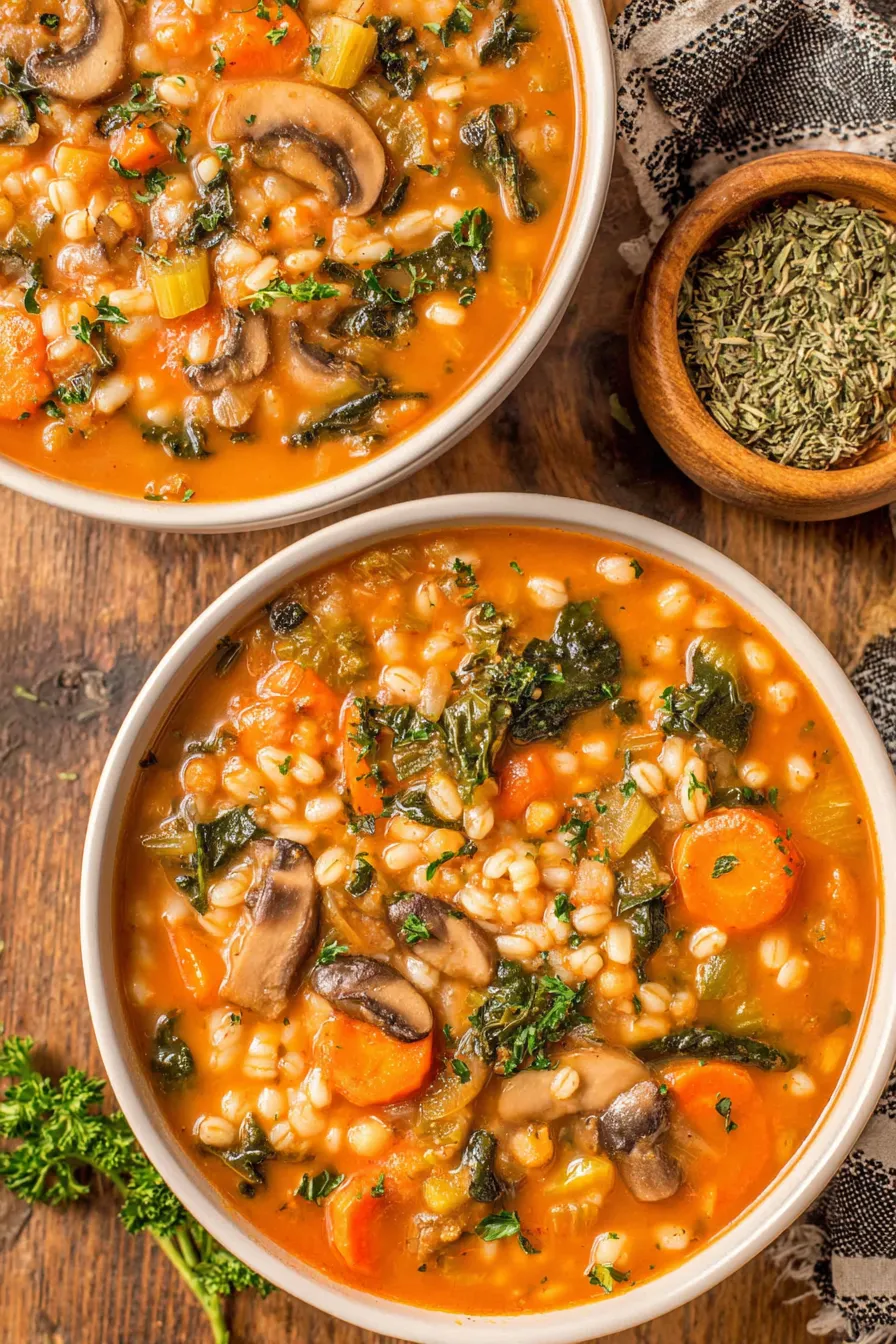 A steaming bowl of vegetable barley soup with parsley garnish