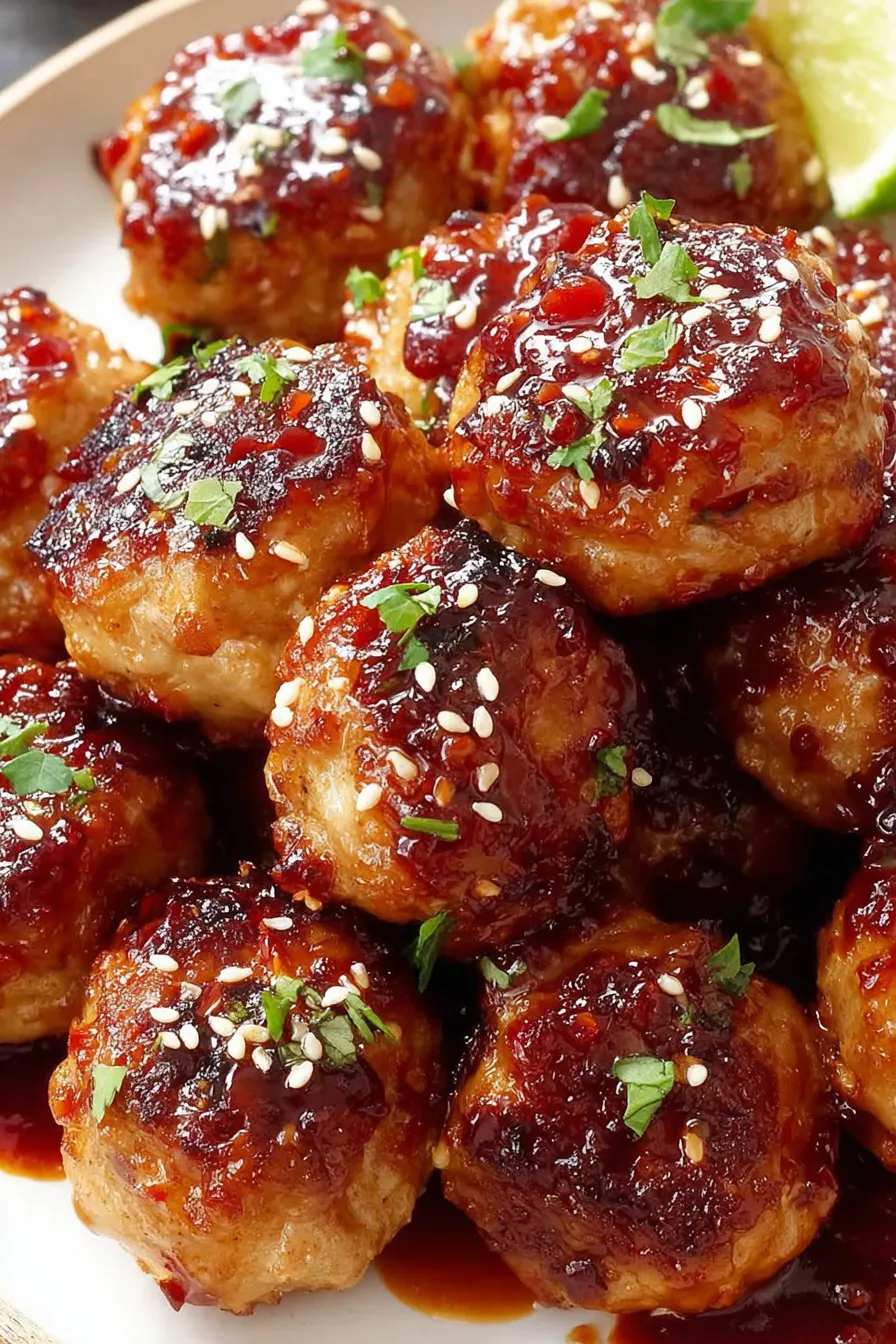 Close up of glazed chicken meatballs with sesame seeds