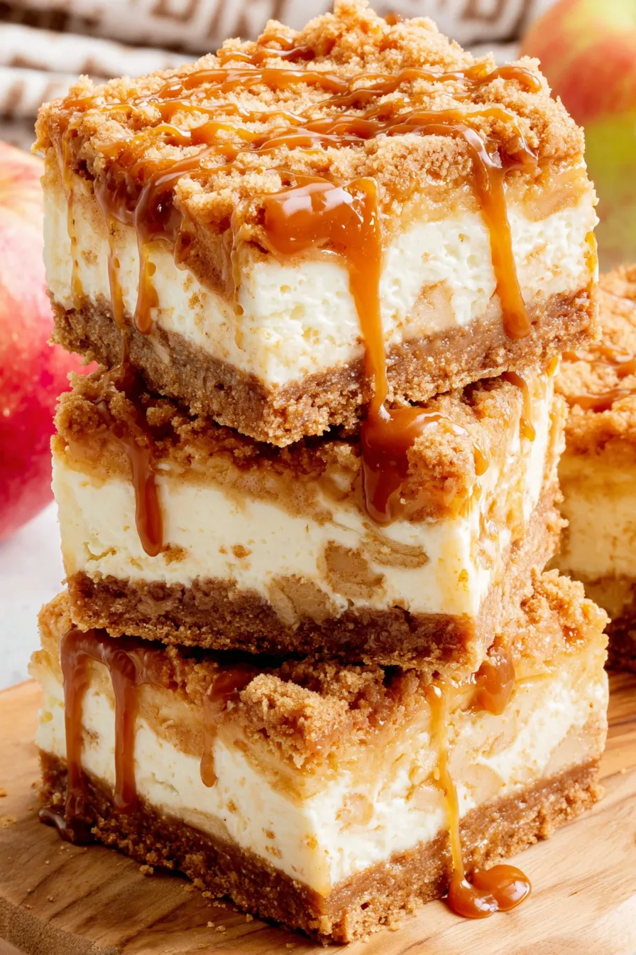 Caramel apple cheesecake bars with crumble topping near cooling rack