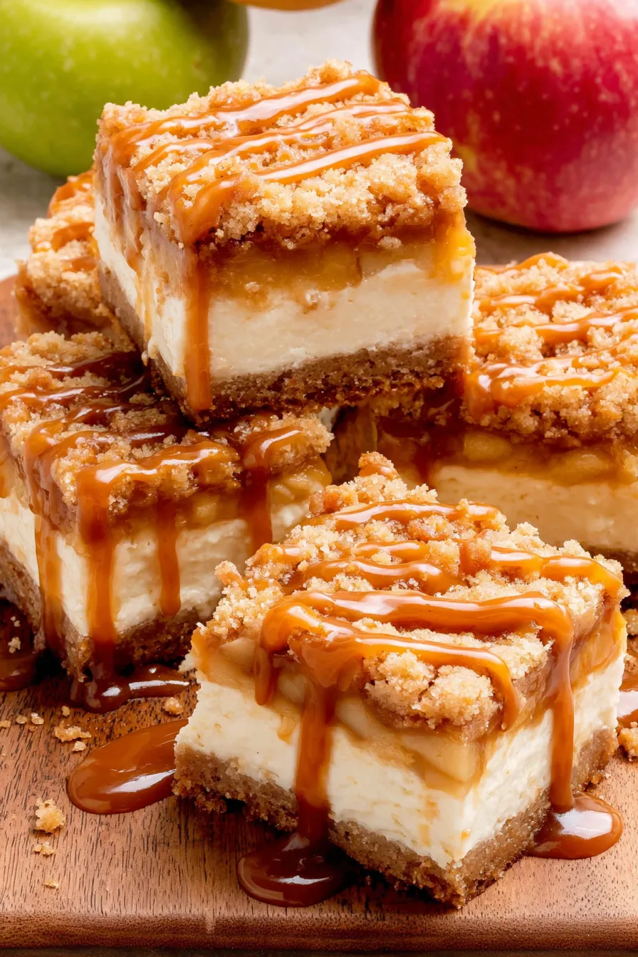 Sliced bars showing layers of crust, cream cheese, apples and crumble