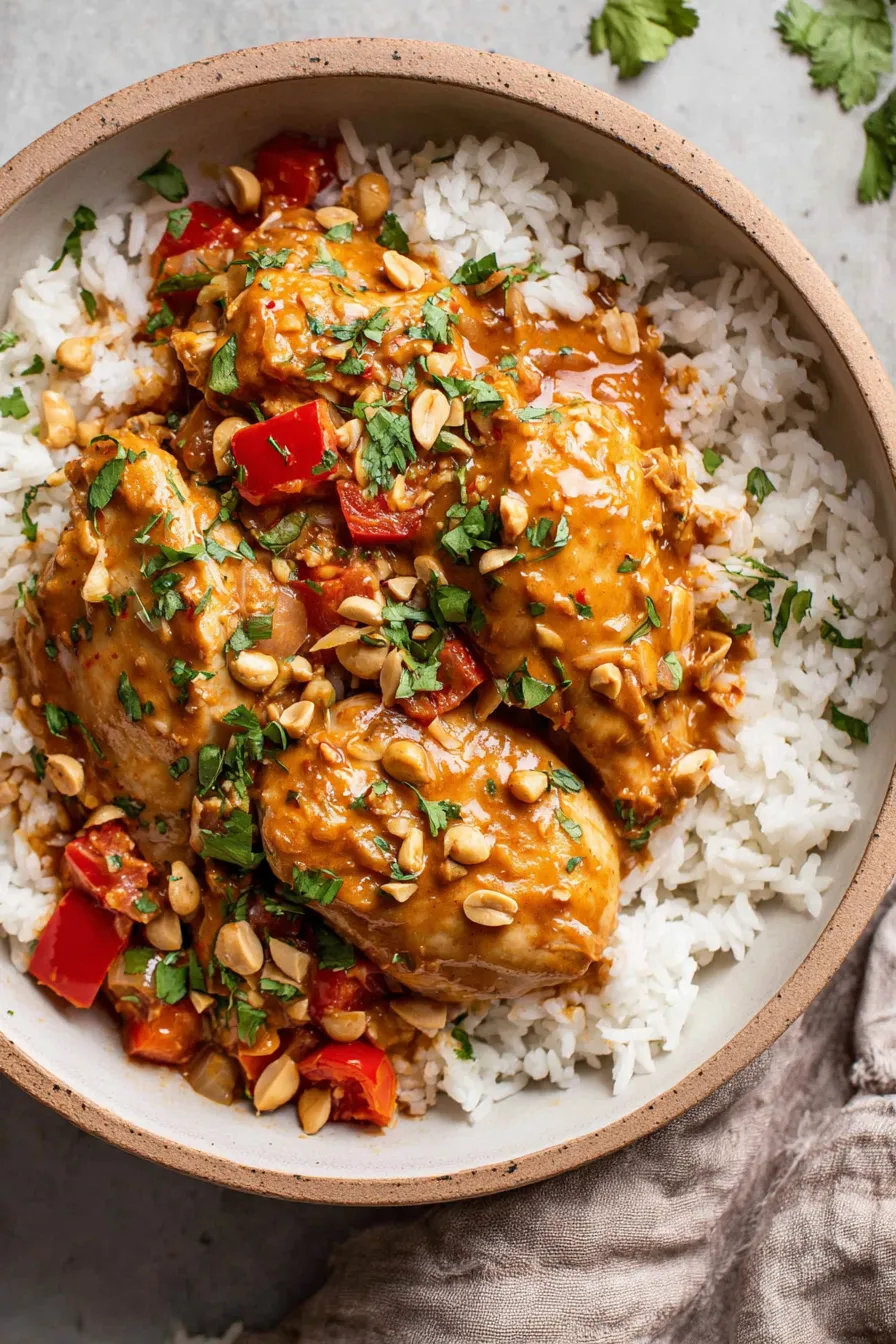 Slow cooker peanut chicken finished in a bowl