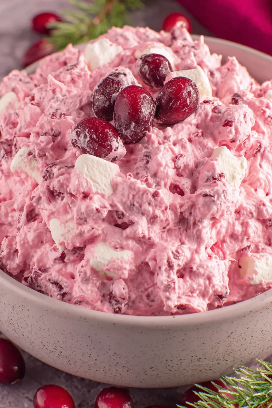 Cranberry fluff in a glass bowl with marshmallows