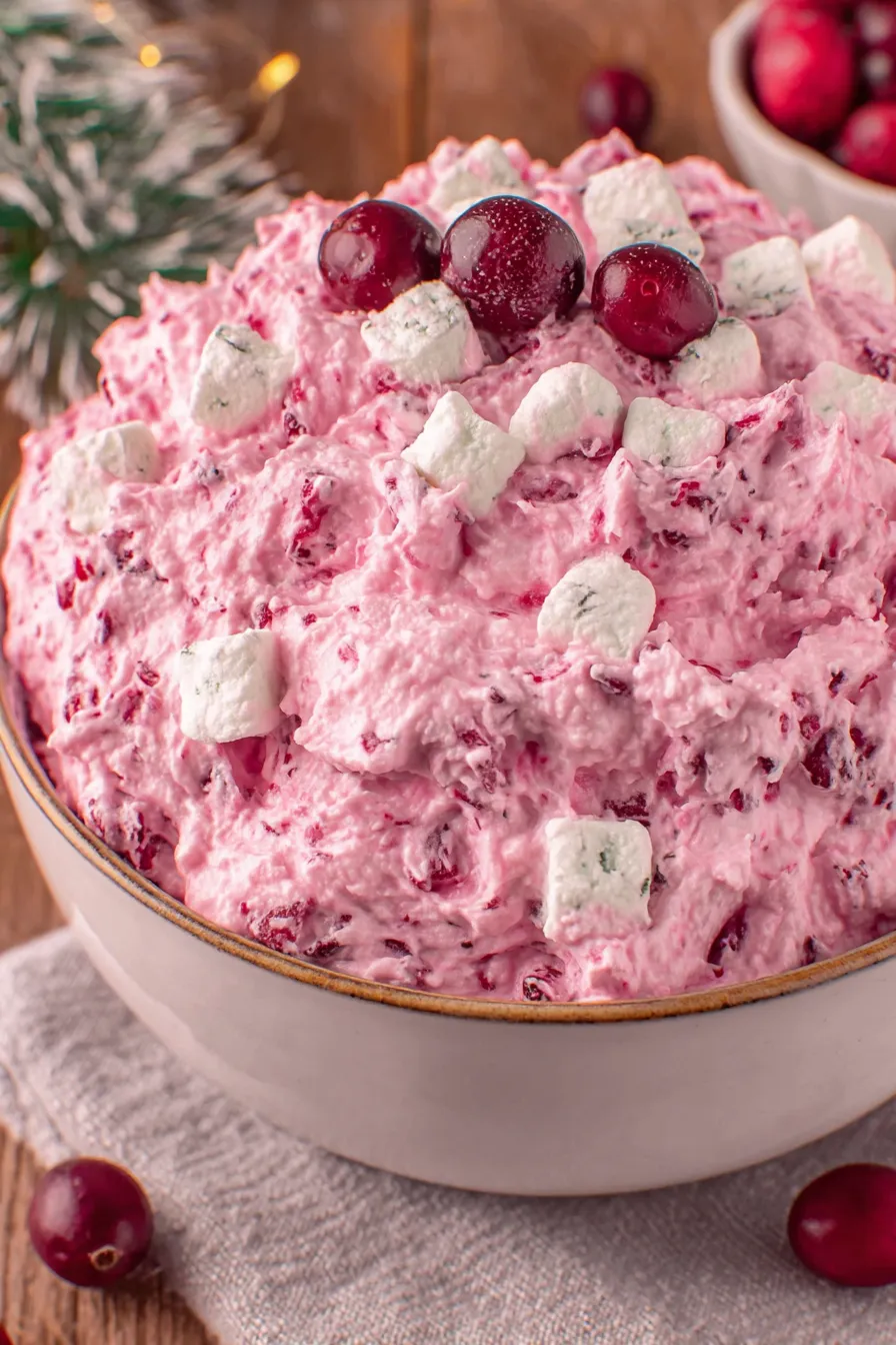 Spoonful of cranberry fluff with marshmallows and pineapple