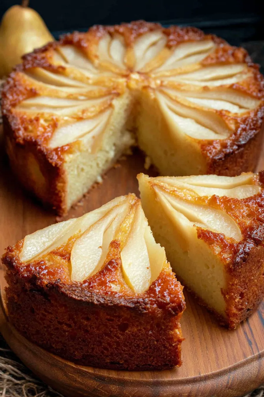 Thin pear slices arranged on top of cake batter in a round pan