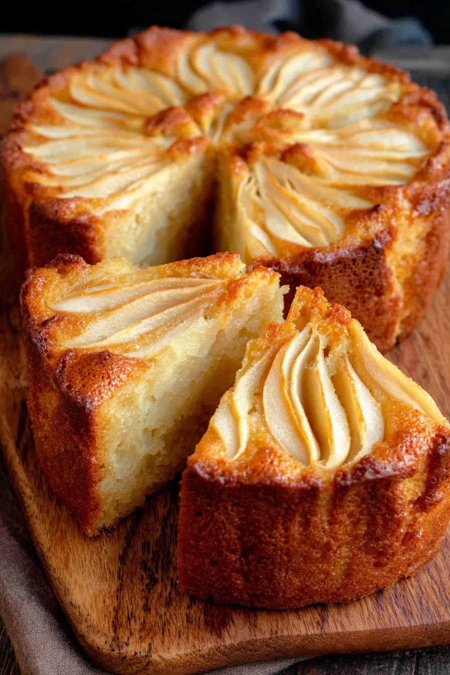A slice of Italian pear cake on a plate with a fork