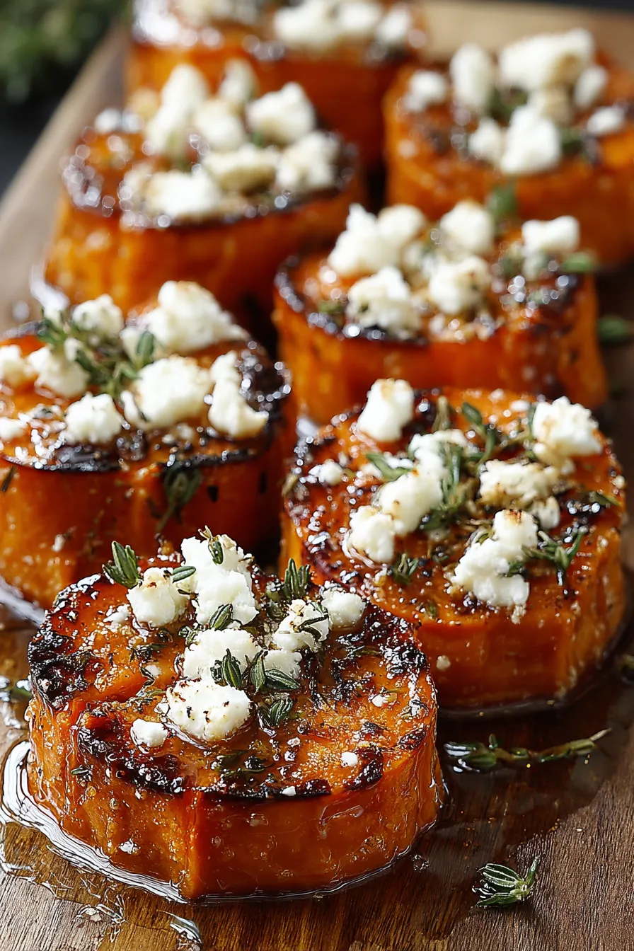 Close-up of sweet potato bites with feta and honey