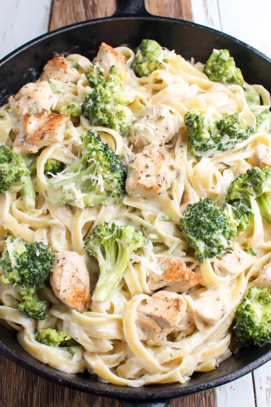 Plated fettuccine with chicken, broccoli and grated Parmesan