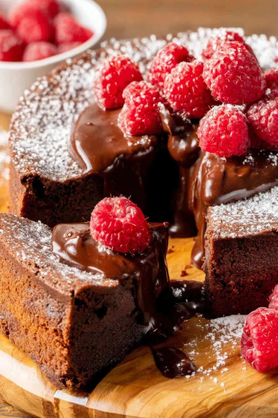 Slice of flourless chocolate cake with raspberries