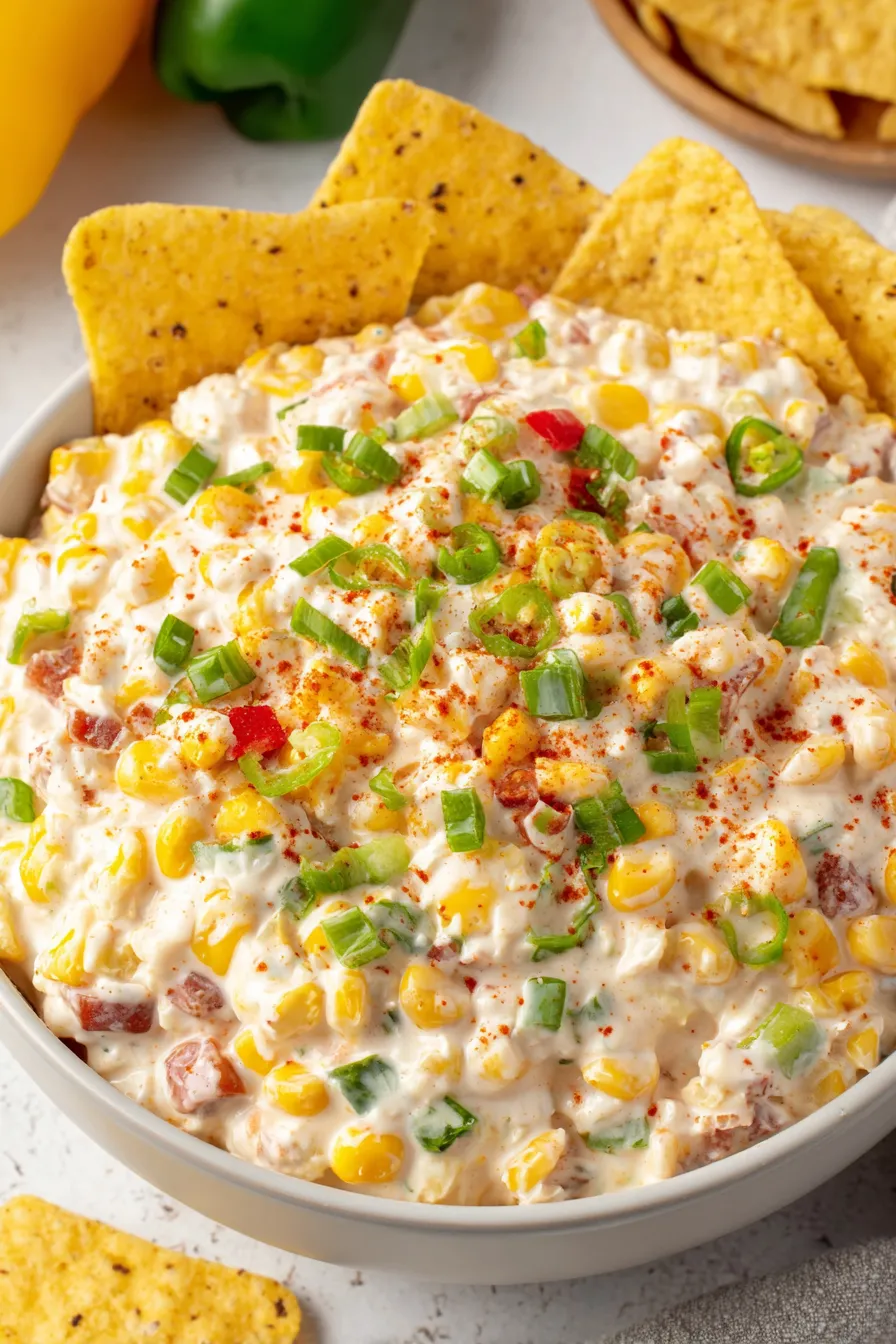 Mexican street corn dip in a white bowl garnished with sliced green onions