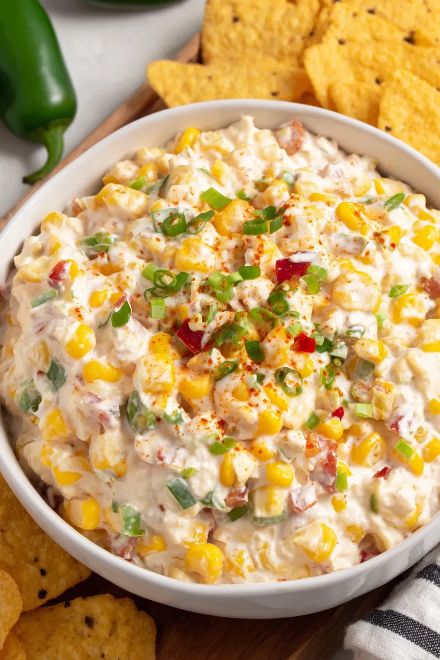 Close-up of cheesy corn dip with jalapeno and green onion garnish