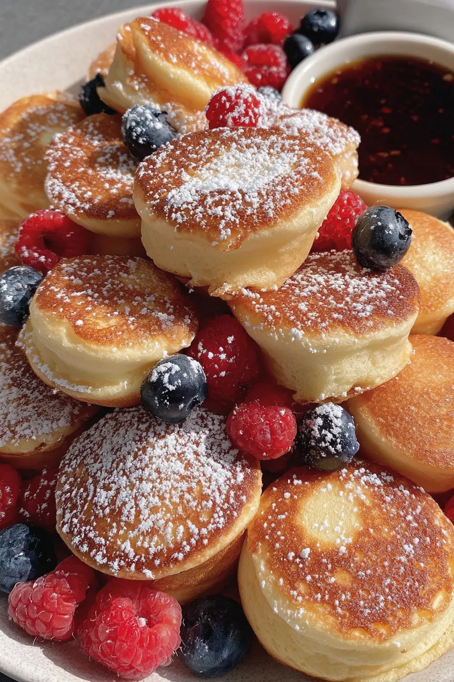 Two pancake mini muffins on a small plate with maple syrup