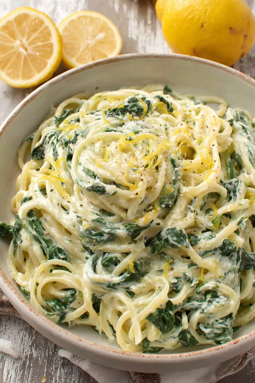Lemon ricotta pasta with spinach in a white bowl