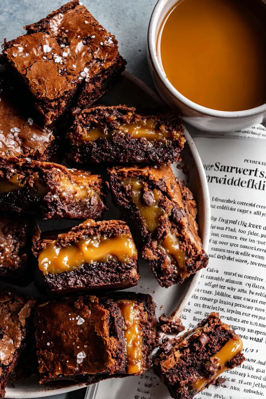 Salted caramel being poured over brownie batter