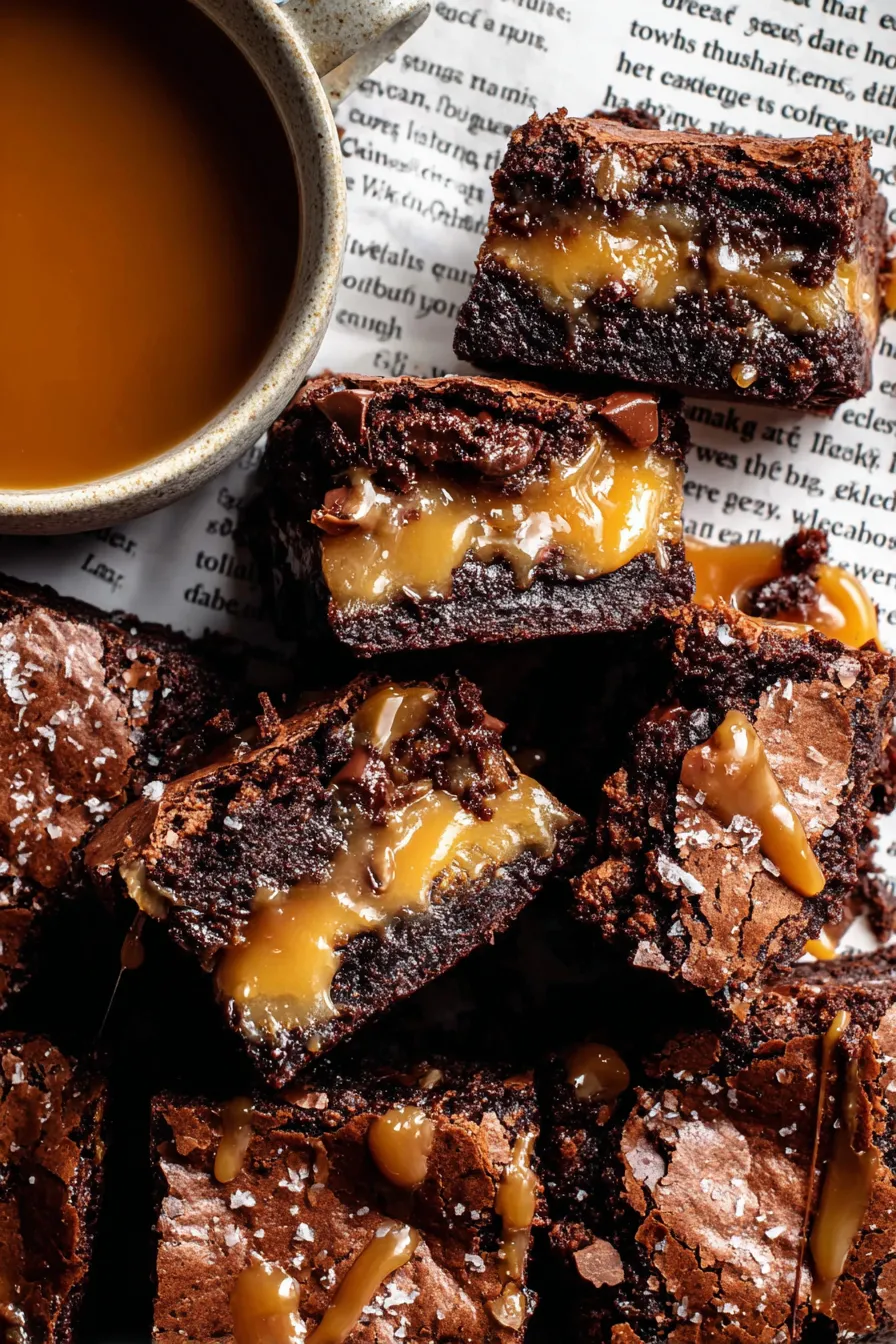Sliced salted caramel stuffed brownies on a cooling rack