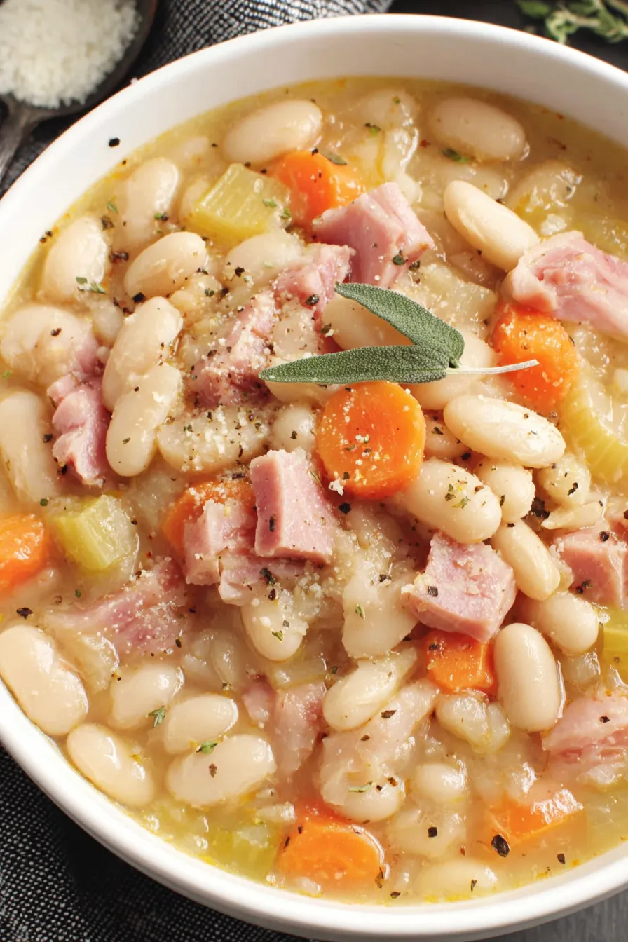 Slow cooker filled with ingredients for ham and bean soup