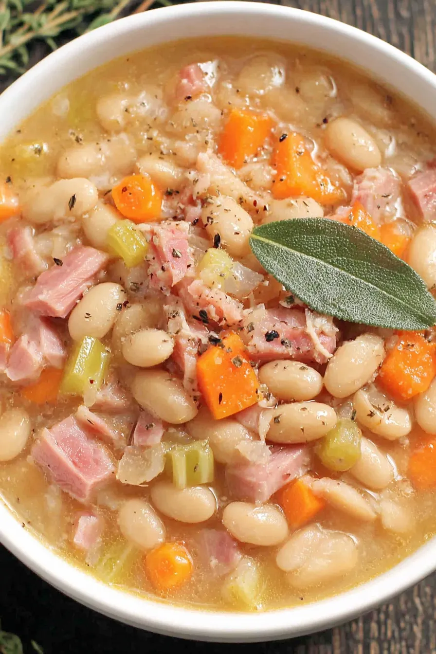 Bowl of ham and bean soup garnished with parsley