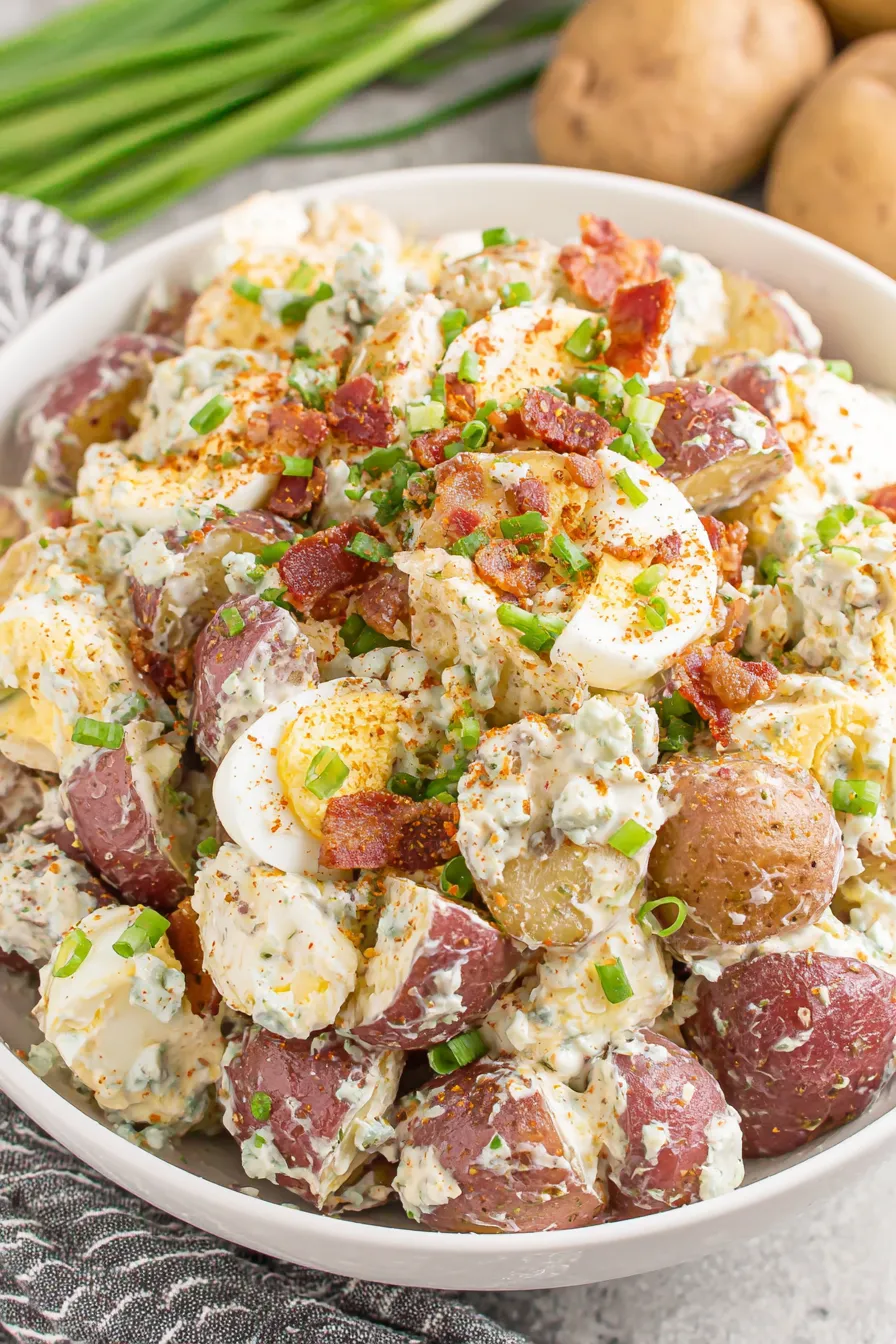Close-up of roasted potatoes and chopped eggs