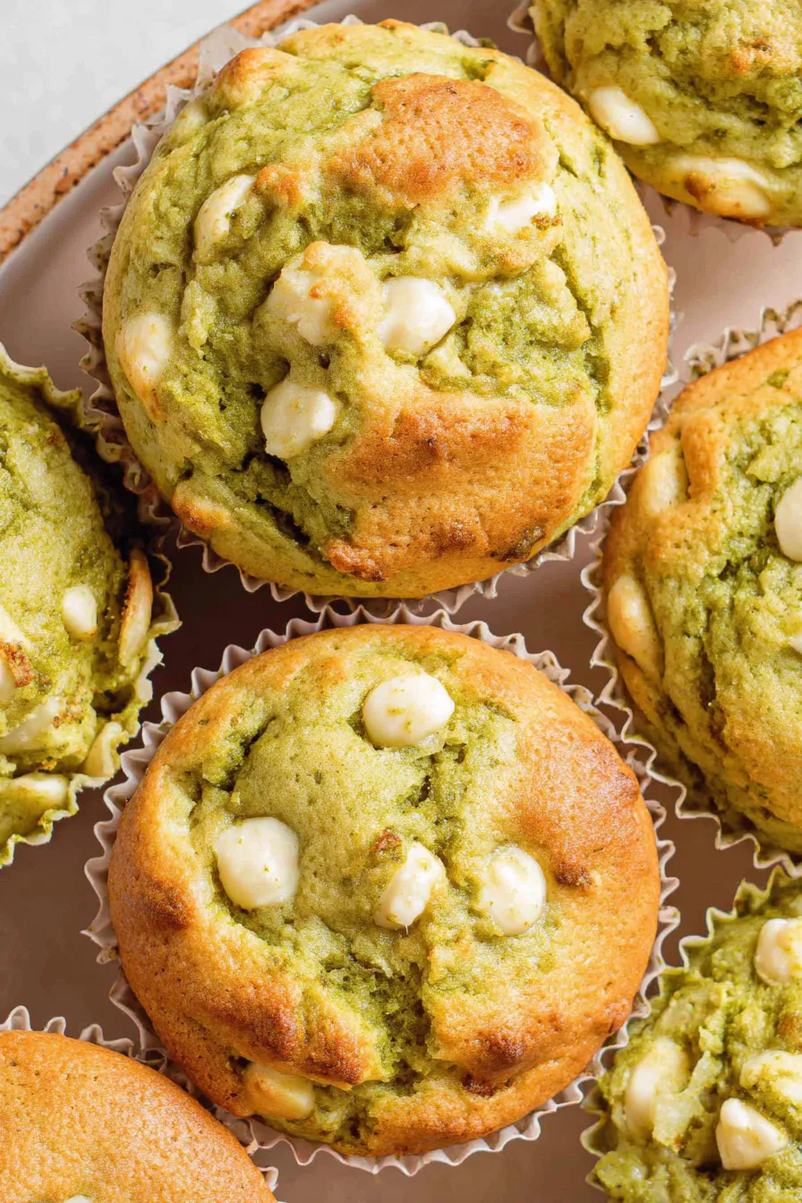 Freshly baked matcha muffins cooling on a rack