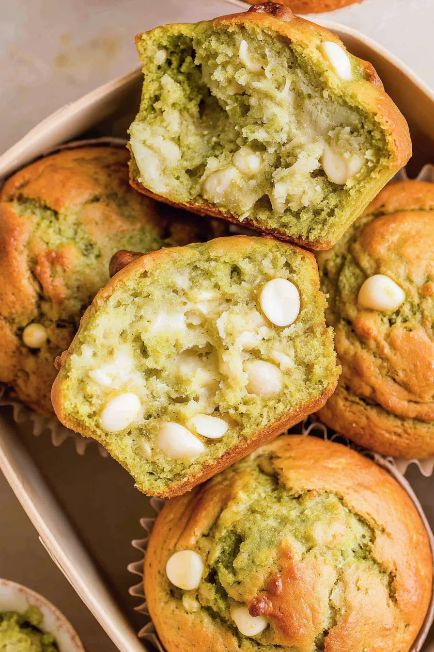Close up of muffin top showing white chocolate chips and green crumb