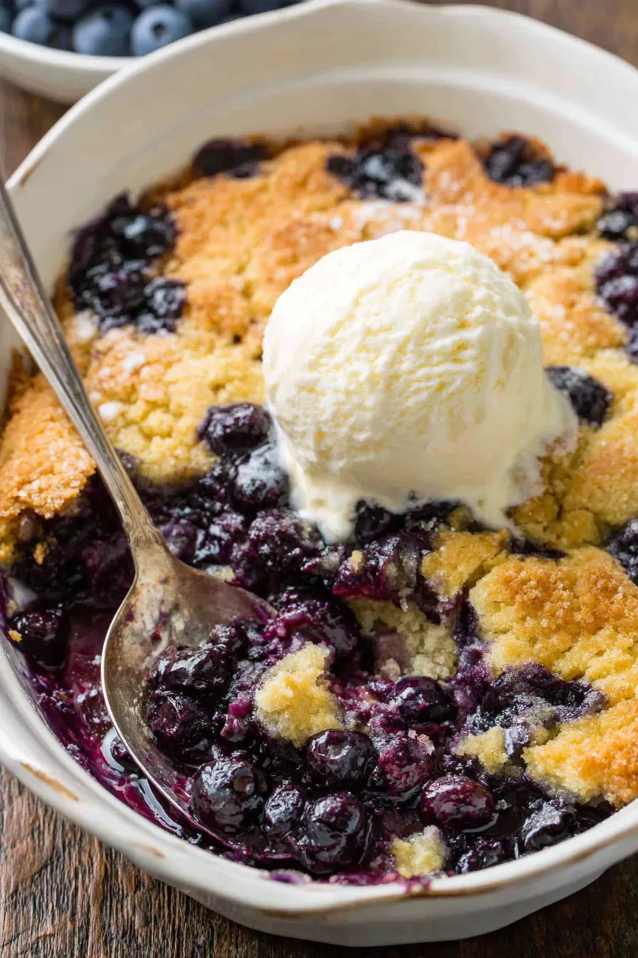 Blueberry cobbler fresh from the oven in a 9x13 baking dish