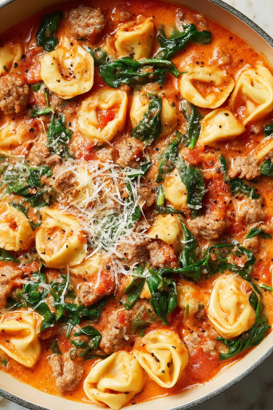 Skillet of tortellini with sausage and spinach