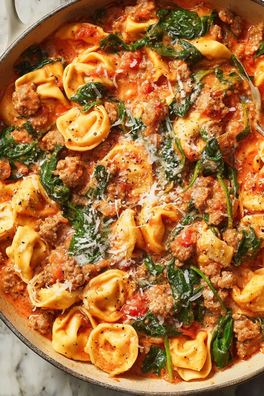 Creamy tortellini simmering in pan