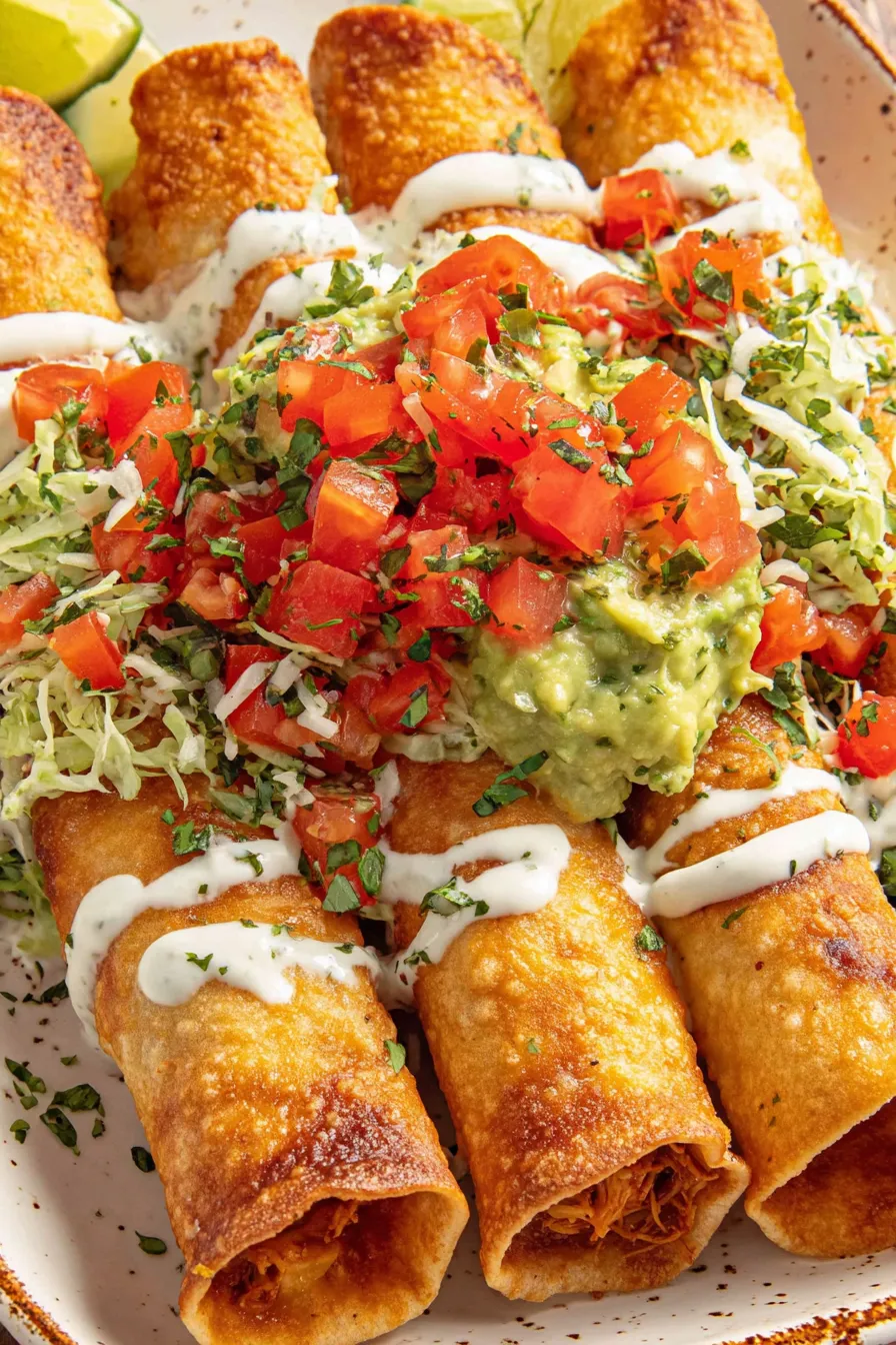 Tray of baked chicken taquitos with three sauces
