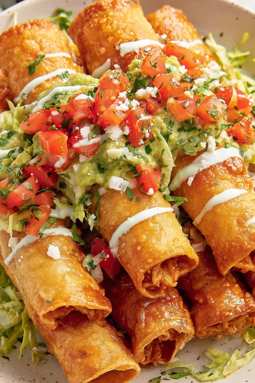 Close up of sliced taquito with avocado crema