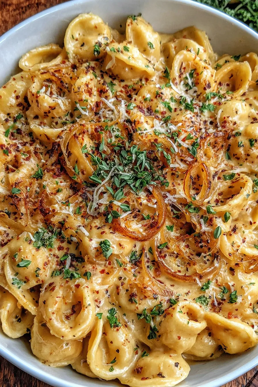 Finished creamy pasta with grated cheese and parsley