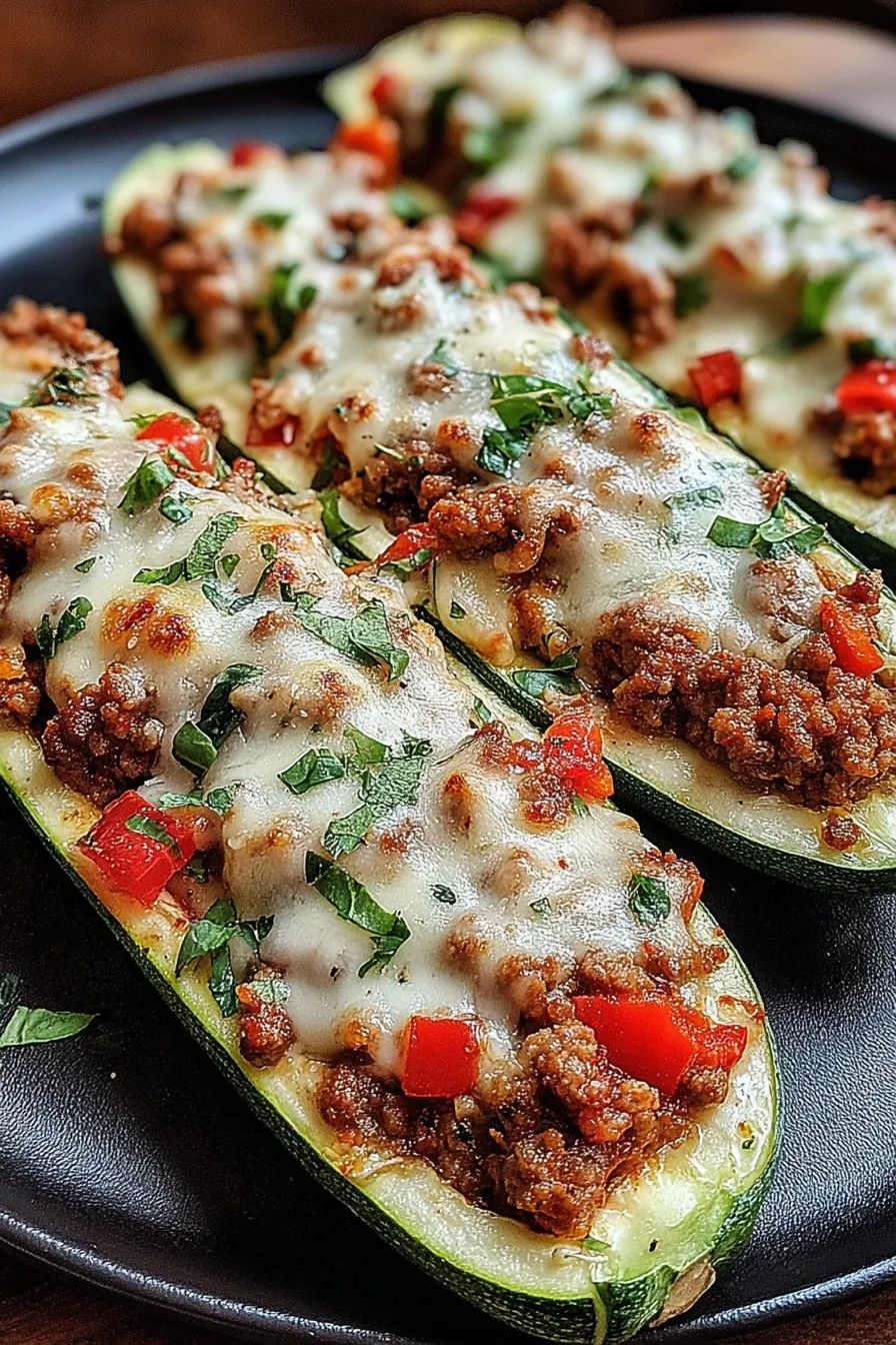 Golden baked zucchini boats topped with basil