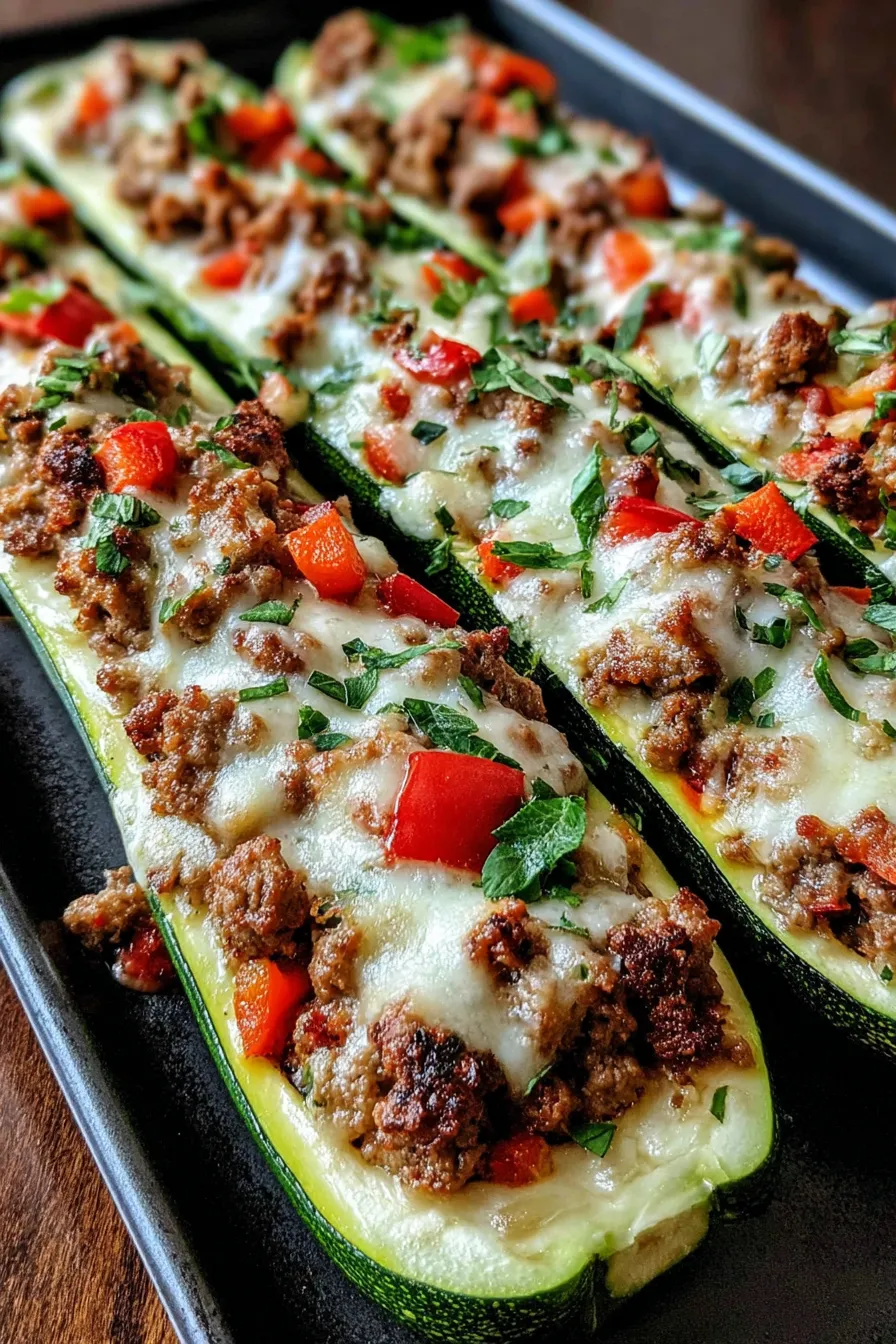 Stuffed zucchini boats before baking