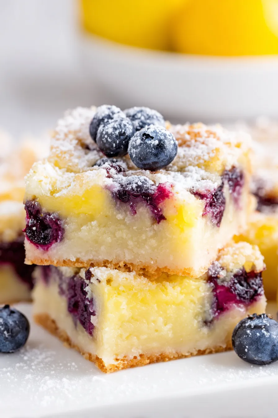 Pan of lemon blueberry bars cooling on rack