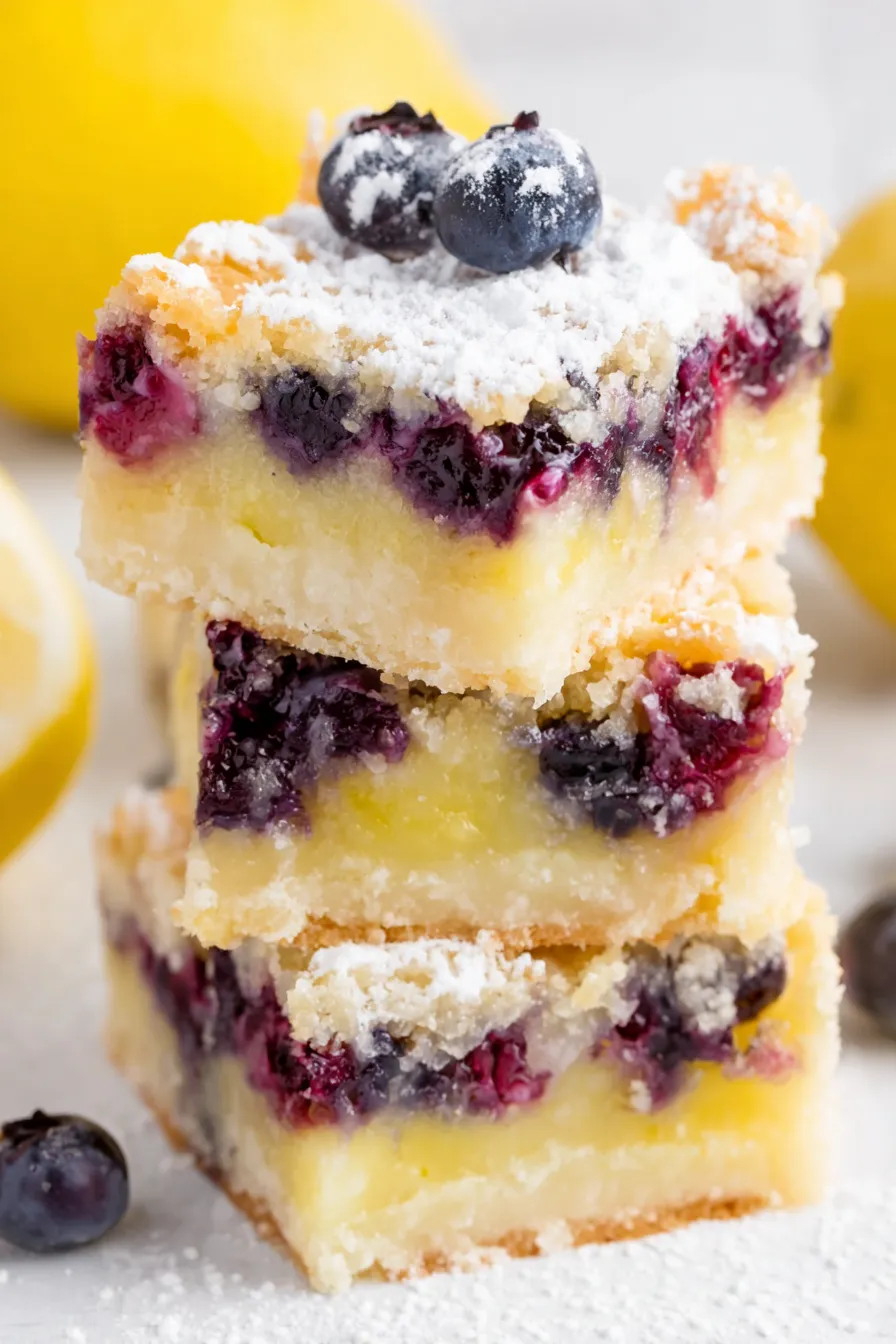 Close-up of a cut lemon blueberry bar dusted with powdered sugar