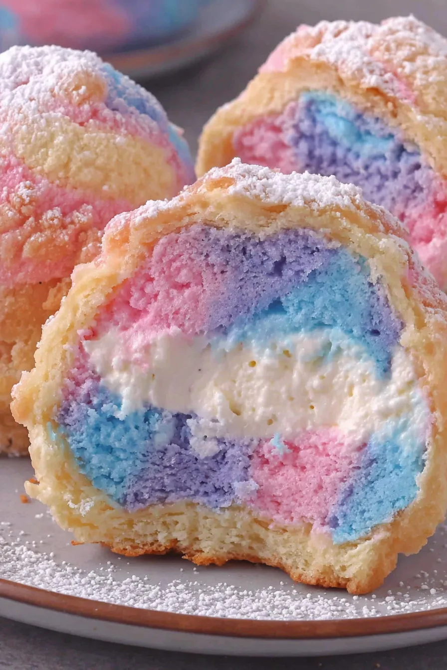 Flattened biscuit rounds and cotton candy cheesecake filling