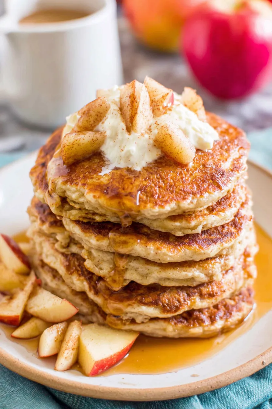 Stack of apple pancakes with syrup being poured