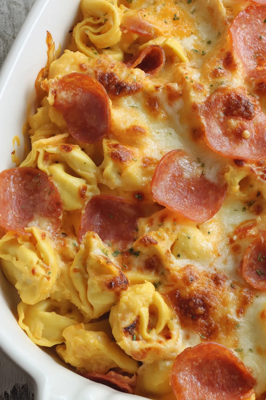 Casserole fresh from oven with bubbling cheese and pepperoni