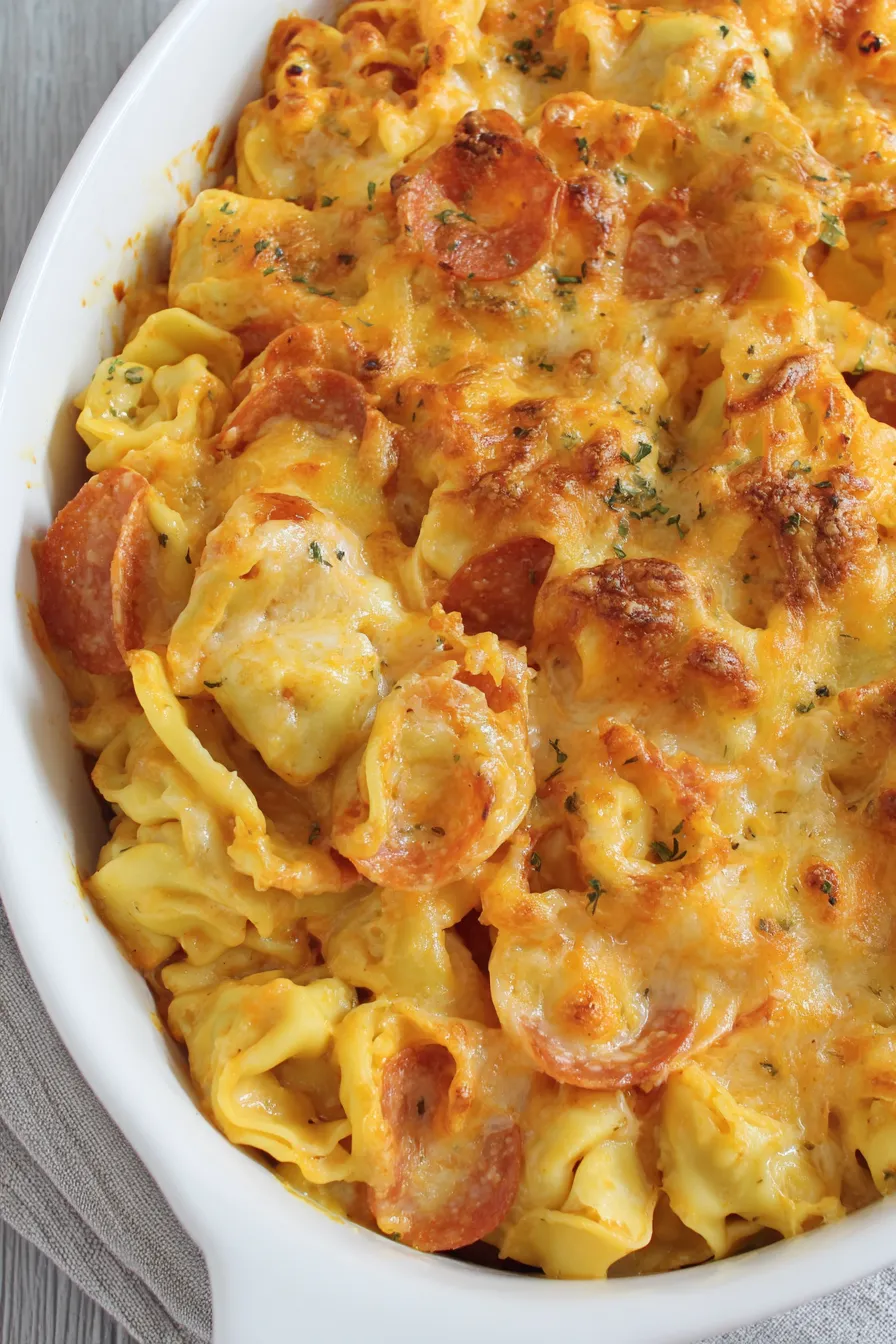Close up of cheesy baked tortellini with pepperoni on top