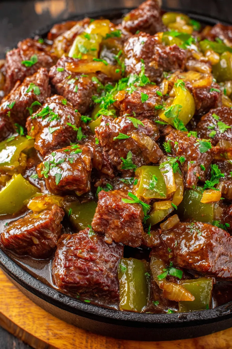 Finished crockpot Mississippi steak bites with pepperoncini